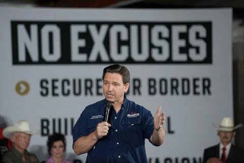 Florida Gov. Ron DeSantis speaks during a town hall meeting in Eagle Pass, Texas, on Monday. (ERIC GAY/Associated Press)