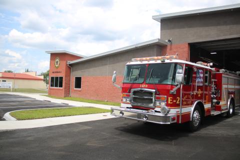 An LCFD truck leaves Fire Station 2 on a call Tuesday afternoon. (TONY BRITT/Lake City Reporter)