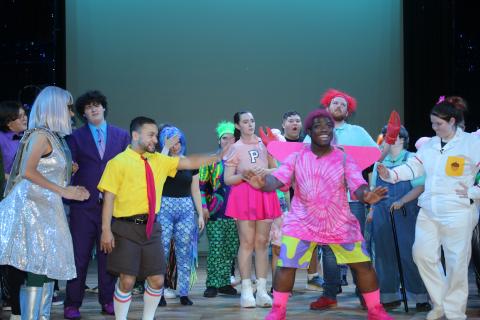 Cameron Gonzales, portraying Sponge Bob Squarepants, and D’Khari Jernigan, portraying Patrick Star, rehearse a scene for the upcoming Sponge Bob Musical production that will take place at Florida Gateway College this week. (TONY BRITT/Lake City Reporter)