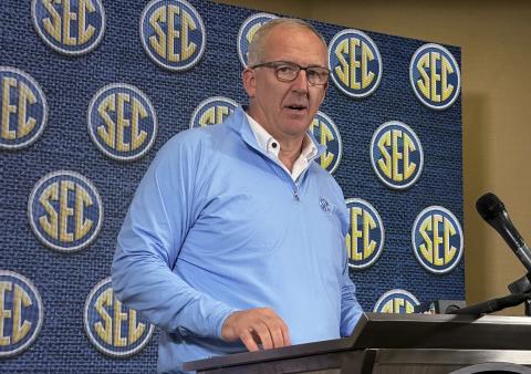 SEC Commissioner Greg Sankey speaks to reporters during the conference's spring meetings on Tuesday in Destin. (RALPH D. RUSSO/Associated Press)
