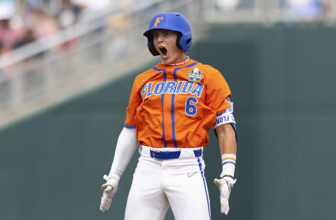 Florida’s Tyler Shelnut, a Fort White High graduate, celebrates after hitting a double against TCU in the ninth inning of Wednesday’s at College World Series game in Omaha, Neb. (REBECCA S. GRATZ/Associated Press)
