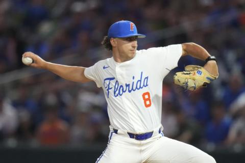 Florida's Brandon Sproat pitches against South Carolina during the Gainesville Super Regional on June 9. (JOHN RAOUX/Associated Press)