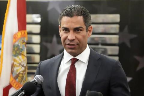 Miami Mayor Francis Suarez speaks during a news conference Monday in Miami. Suarez filed paperwork Wednesday with the Federal Election Commission to make his presidential bid official. (AP FILE)