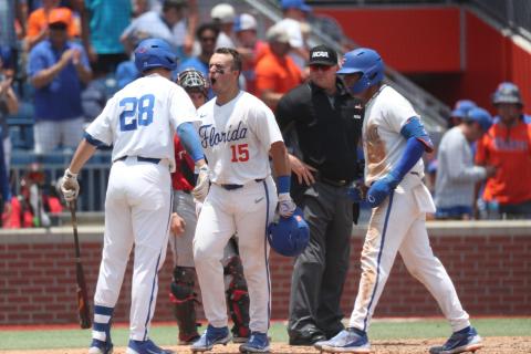 Florida's BT Riopelle (15) celebrates after hitting the first of his two home runs against Texas Tech on Monday at the Gainesville Regional. (Courtesy of UAA Communications)