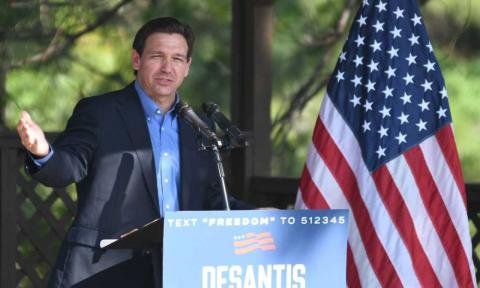 Florida Gov. Ron DeSantis speaks outside Okatie Ale House in Bluffton, South Carolina, on Friday. (DREW MARTIN/The State/TNS)