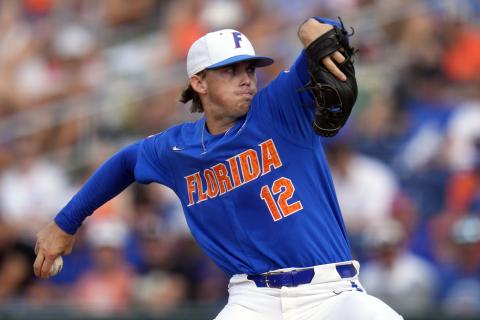 Florida pitcher Hurston Waldrep throws against South Carolina in the first inning during Game 2 of the Gainesville Super Regional on Saturday in Gainesville. (JOHN RAOUX/Associated Press)
