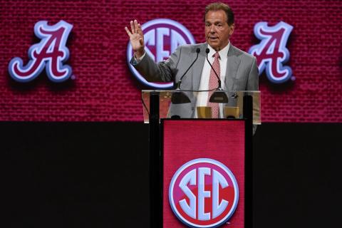 Alabama coach Nick Saban speaks during Southeastern Conference Media Days on Wednesday in Nashville, Tenn. (GEORGE WALKER IV/Associated Press)
