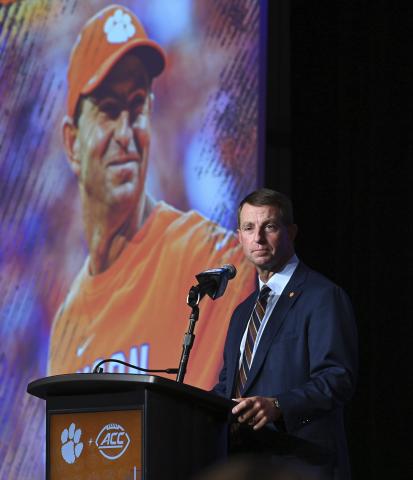 Clemson head football coach Dabo Swinney listens to a reporter's question during ACC Media Days on Thursday in Charlotte, N.C. (JEFF SINER/The Charlotte Observer via AP)