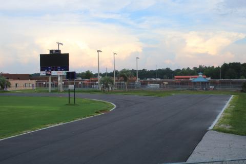 The Columbia High track is being resurfaced, a project that is expected to be completed before the school year starts in August. Once completed, the track will be able to host a wide array of meets. (TONY BRITT/Lake City Reporter)