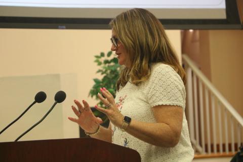 Richardson Community Center Board Treasurer Tammy Magstadt discusses programming at the center with the Columbia County Commission on Thursday. (MORGAN MCMULLEN/Lake City Reporter)