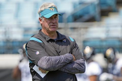 Jacksonville Jaguars head coach Doug Pederson watches players run through drills during practice on June 5 in Jacksonville. (AP FILE)