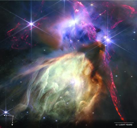 The first anniversary image released Wednesday shows NASA’s James Webb Space Telescope displaying a star birth like it’s never been seen before, full of detailed, impressionistic texture. The subject is the Rho Ophiuchi cloud complex, the closest star-forming region to Earth. (NASA, ESA, CSA, STSci, KLAUS PON)