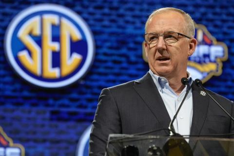 Southeastern Conference Commissioner Greg Sankey speaks during the first day of SEC Media Days on Monday in Nashville, Tenn. (ASSOCIATED PRESS)