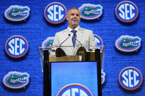 Florida coach Billy Napier speaks during Southeastern Conference Media Days on Wednesday in Nashville, Tenn. (GEORGE WALKER IV/Associated Press)