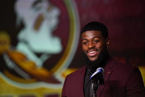 Florida State defensive lineman Jared Verse speaks during ACC Media Days on Wednesday in Charlotte, N.C. (ERIK VERDUZCO/Associated Press)