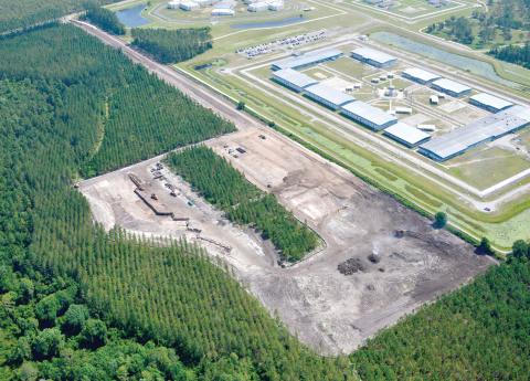 Wharton-Smith is constructing the wastewater treatment plant for the North Florida Mega Industrial Park. Lake City and Columbia County officials are working through a ‘misunderstanding’ over who will provide water at the facility. (COURTESY AERO PHOTO)