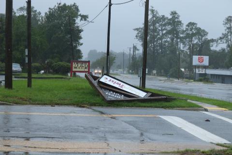 The Forest Cove Business Park on South Main Boulevard in Lake City was toppled during Hurricane Idalia on Wednesday. (J. WACHTER/Lake City Reporter)