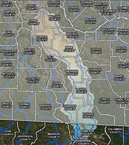 A preliminary flood risk map for the Alapaha watershed, the light shaded area on the map that includes most of the western portion of Hamilton County, will be presented at a meeting Thursday night at the Jasper Civic Center. (COURTESY)