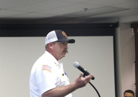 Lake City Fire Chief Josh Wehinger briefs the Lake City Council on Tropical Storm Idalia updates Monday afternoon. (MORGAN MCMULLEN/Lake City Reporter)
