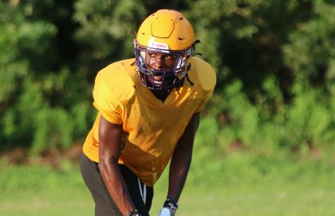 Columbia receiver JT Cook lines up for a snap during Wednesday’s practice. (JORDAN KROEGER/Lake City Reporter)