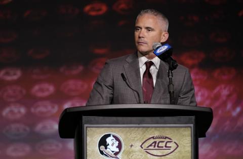 Florida State head coach Mike Norvell participates during ACC Media Days on July 26 in Charlotte, N.C. (ERIK VERDUZCO/Associated Press)