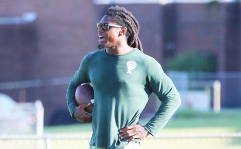 Columbia defensive backs coach Trey Marshall calls out to his secondary during Monday’s practice. (JORDAN KROEGER/Lake City Reporter)