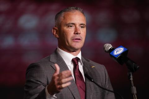 Florida State head coach Mike Norvell speaks during ACC Media Days on July 26 in Charlotte, N.C. (AP File)