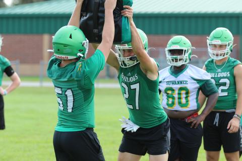 Suwannee defensive end Sam Wainwright performs a drill during Monday’s practice. (JAMIE WACHTER/Lake City Reporter)