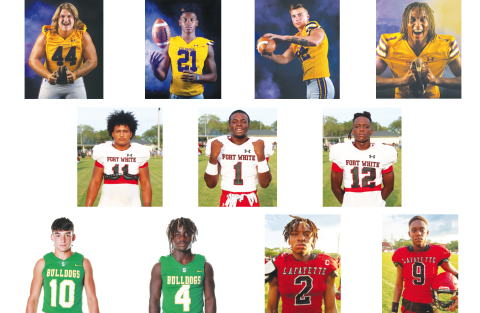 TOP ROW: CHS DL Caden Bolstein, CHS DB Jerome Carter, CHS WR Camdon Frier and CHS DB Markeyon Moore; MIDDLE ROW: FWHS LB/RB Lecosta Byrd, FWHS RB Dakota Fisher and FWHS WR/DB Najeeb Smith; BOTTOM ROW: SHS QB/DB Kodi Lang, SHS RB Marquavious Owens, LHS DL Amarie Fleming and LHS QB Tywan Williamson. (Columbia photos by Jen Chasteen; Fort White photos by Paul Buchanan; Suwannee photos by Tammy Johns; Lafayette photos by Rob Wolfe)