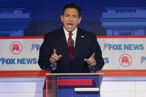 Republican presidential candidate Florida Gov. Ron DeSantis participates in the first debate of the GOP primary season, hosted by FOX News, at the Fiserv Forum on Wednesday in Milwaukee. (WIN MCNAMEE/Getty Images/TNS)