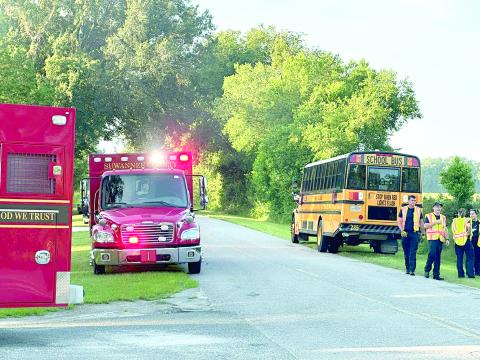 A Suwannee County school bus was involved in a crash Thursday morning, the first day of school for the district, when it backed into a car following it. (COURTESY SUWANNEE COUNTY FIRE RESCUE)