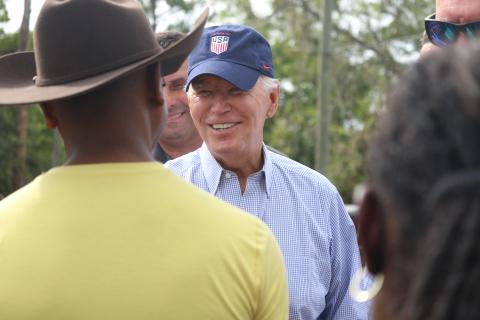 President Joe Biden visits with Gary Caldwell, a Live Oak resident, during a visit Saturday to assess the damages from Hurricane Idalia. (JAMIE WACHTER/Lake City Reporter)