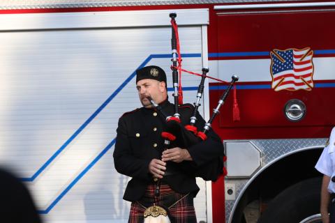 Matthugh Garbett with the Suwannee County Fire Rescue honor guard plays the bagpipes during Monday’s Patriot Day remembrance at the Live Oak Fire Department. (JAMIE WACHTER/Lake City Reporter)