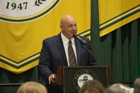 Florida Gateway College President Larry Barrett announced Wednesday the college is launching a charter high school, Florida Gateway Collegiate Academy, that is expected to open fall 2026. (JAMIE WACHTER/Lake City Reporter)