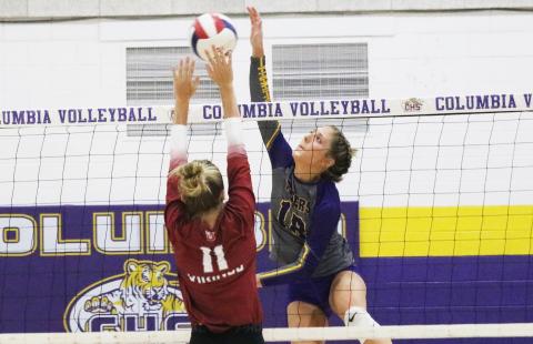 Columbia hitter Autumn Jones returns a shot against Lowndes on Thursday night. (JORDAN KROEGER/Lake City Reporter)
