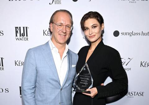 Lake City’s Grace Elizabeth with Estée Lauder’s Stephane De La Faverie after receiving her Model of the Year award during the Fashion Media Awards. (COURTESY)