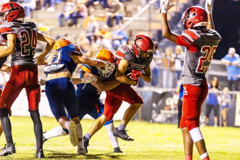 Lafayette running back Tavis Hutson (22) scores a touchdown as receiver Maurice Vought (25) celebrates against Branford on Friday. (JACK HOWDESHELL/Special to the Reporter)