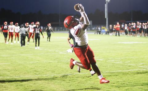 Lafayette receiver Jalen Hill catches a touchdown pass against Hamilton County last Friday. (PAUL BUCHANAN/Special to the Reporter)