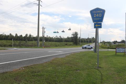 A vehicle pulls into the County Road 240 and State Road 247 intersection in southwestern Columbia County on Friday afternoon. Florida Department of Transportation plans to revamp the skewed intersection have been shelved after concerns from residents. (MORGAN MCMULLEN/Lake City Reporter)