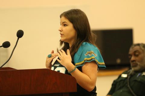 Gracie Meloy, a Lake City resident, told the Columbia County Commission she had to have a stray dog put down in September after it attacked and killed her cat. (JAMIE WACHTER/Lake City Reporter)