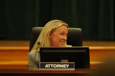 Columbia School District Attorney Megan Logan speaks during Tuesday’s meeting. (JAMIE WACHTER/Lake City Reporter)