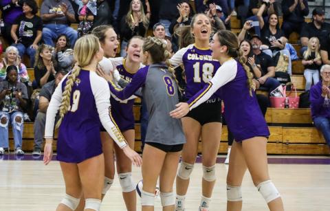 Columbia players celebrate after a point against Vanguard during the District 2-5A semifinals on Tuesday. (BRENT KUYKENDALL/Lake City Reporter)