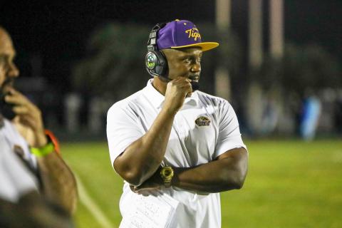 Columbia head coach Brian Allen looks on during a game against Trinity Christian on Sept. 22. (BRENT KUYKENDALL/Lake City Reporter)