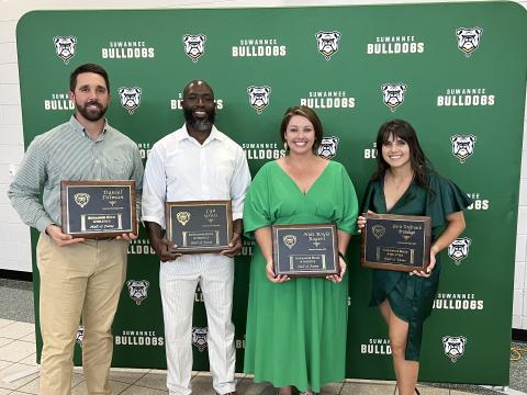 Daniel Tillman (left), a 2022 Suwannee High School Athletics Hall of Fame inductee, joined Class of 2023 inductees Lyn Gross, Niki Boyle Rogers and Jessie TenBroeck Brundage in being honored Thursday during the induction ceremony. Leon Moses, the fourth member of the 2023 class, could not attend. (JAMIE WACHTER/Lake City Reporter)
