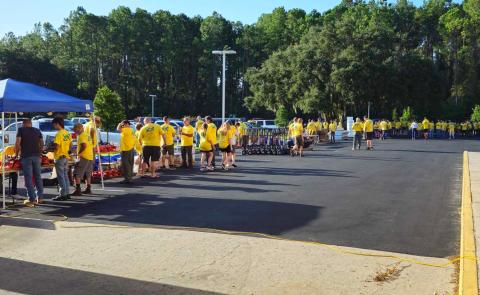 Church of Jesus Christ of Latter-day Saints volunteers line up for supplies in the aftermath of Hurricane Idalia in Columbia County. (COURTESY)