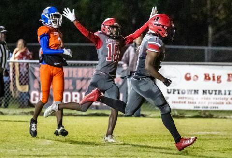 Lafayette’s Jalen Hill scores a touchdown against Taylor County while Jordan Murphy (10) celebrates on Tuesday night. (JACK HOWDESHELL/Special to the Reporter)