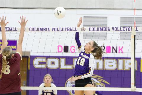 Columbia outside hitter Autumn Jones returns a shot against Oak Hall on Oct. 10. (BRENT KUYKENDALL/Lake City Reporter)