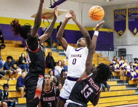 Columbia guard Noah Wilson has the ball knocked away by Raines guard Ta’veon Dunbar during Tuesday’s preseason game. (BRENT KUYKENDALL/Lake City Reporter)