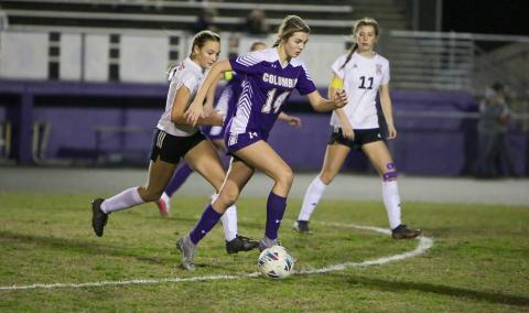 Columbia midfielder Mia Brasel dribbles up the field against Middleburg last season. (BRENT KUYKENDALL/Lake City Reporter)