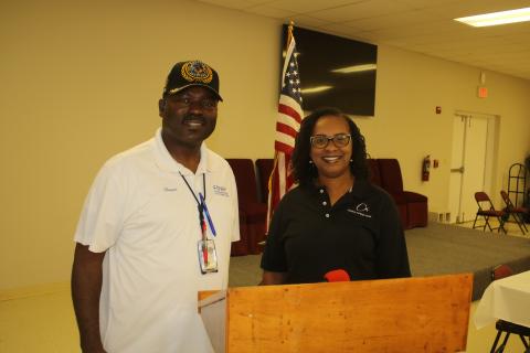 Shawn Raggins with the Florida Department of Veterans Affairs and Paulette Julien with Cooper’s Funeral Home spoke Saturday at a luncheon at Olivet Missionary Baptist Church about the importance of recognizing veterans and getting their their benefits and recognition. (TONY BRITT/Lake City Reporter)